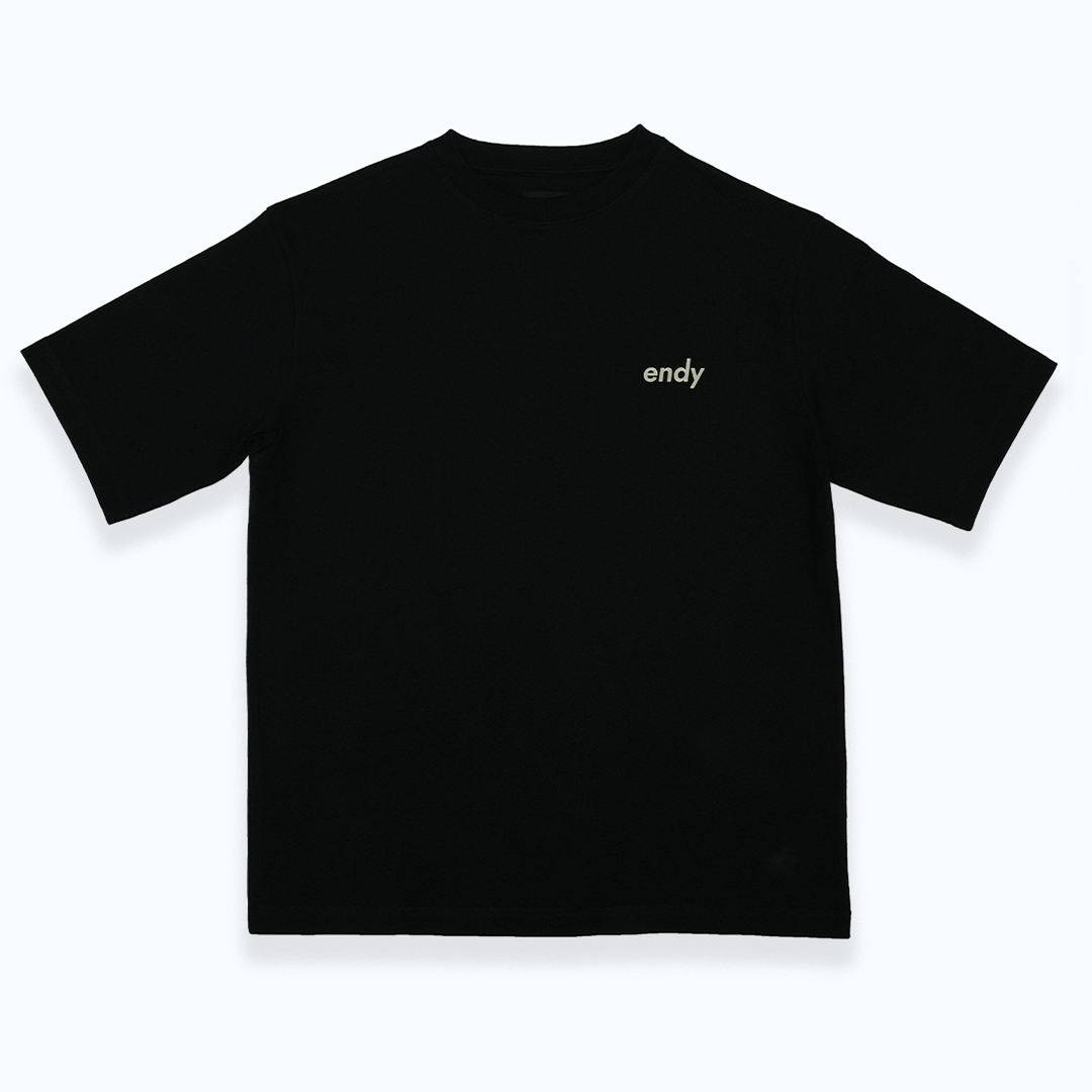 black boxy t-shirt with a box print logo.