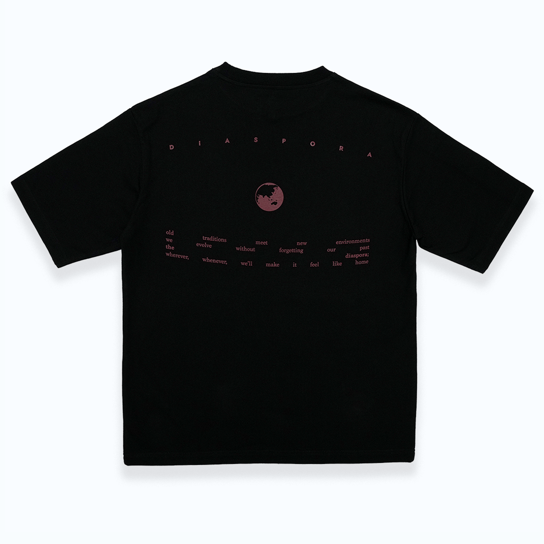 Black boxy t-shirt with a red graphic text.