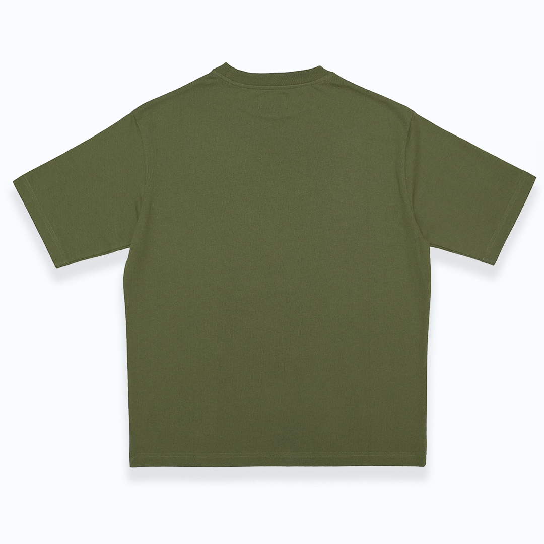 Boxy green t-shirt with a box print on the front