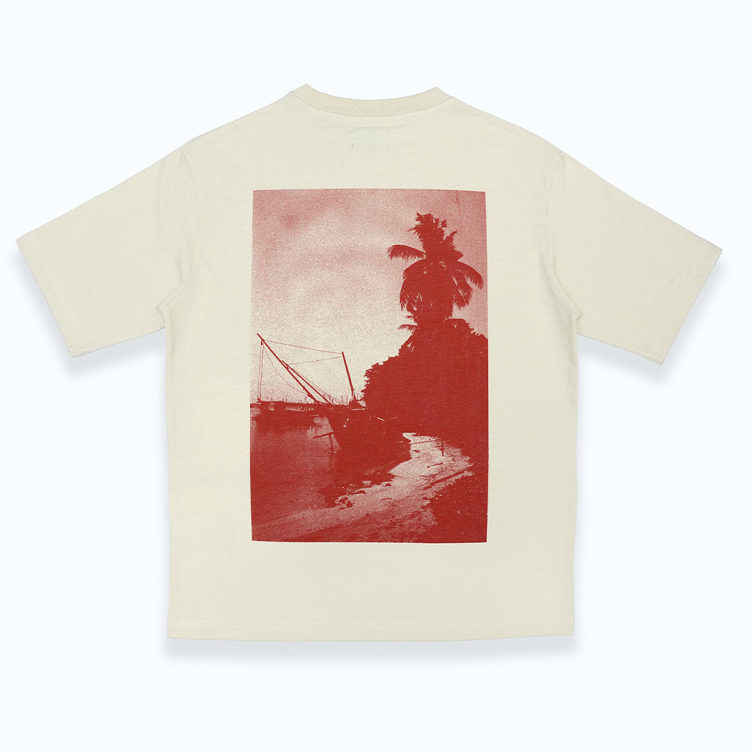 off-white t-shirt with red graphic on the back